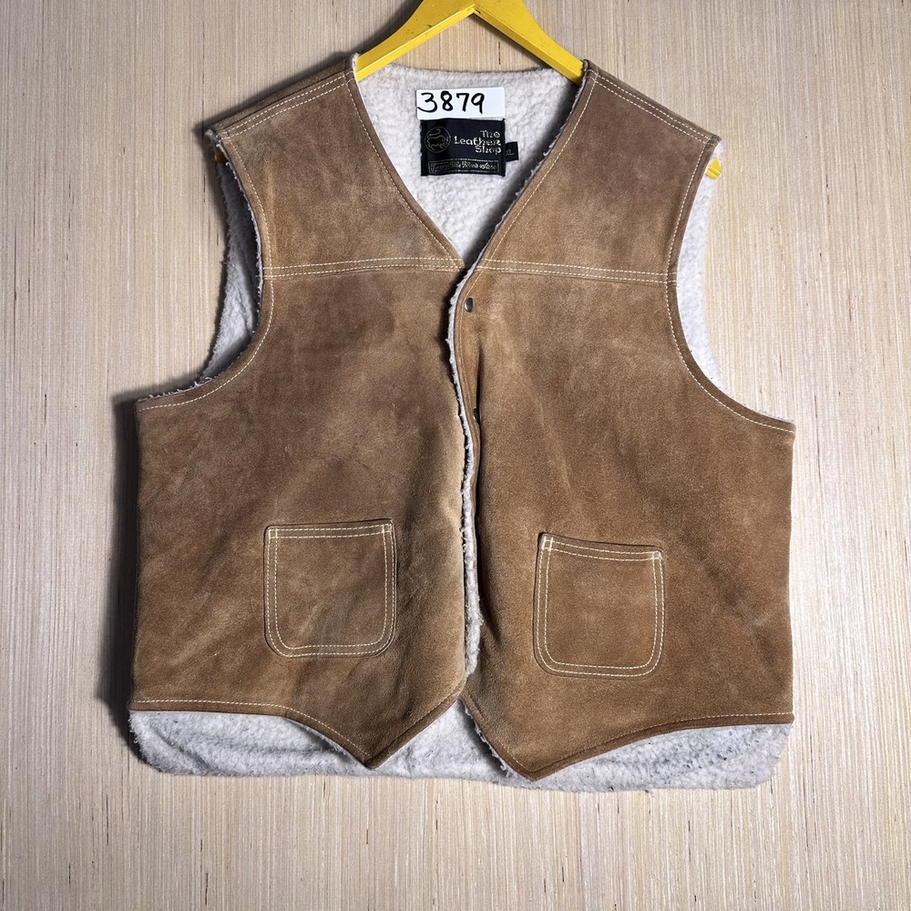 Vintage 80s Sears Vest Men's Store Brown Leather Sleeveless XL Mens Sherpa Lined